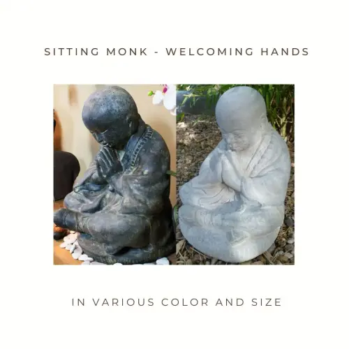 Product image of the product “Sitting monk with welcoming hands, in the sizes from 20cm to 80cm. Natural, Antique finish, and Antique finish light ”